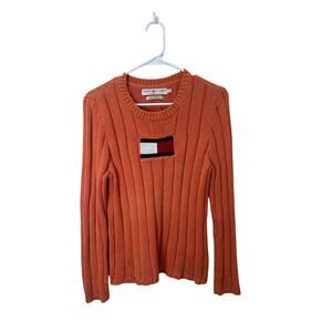 Tommy Hilfiger Vintage Chunky Cotton Logo Sweater Orange Y2K Sz L Women